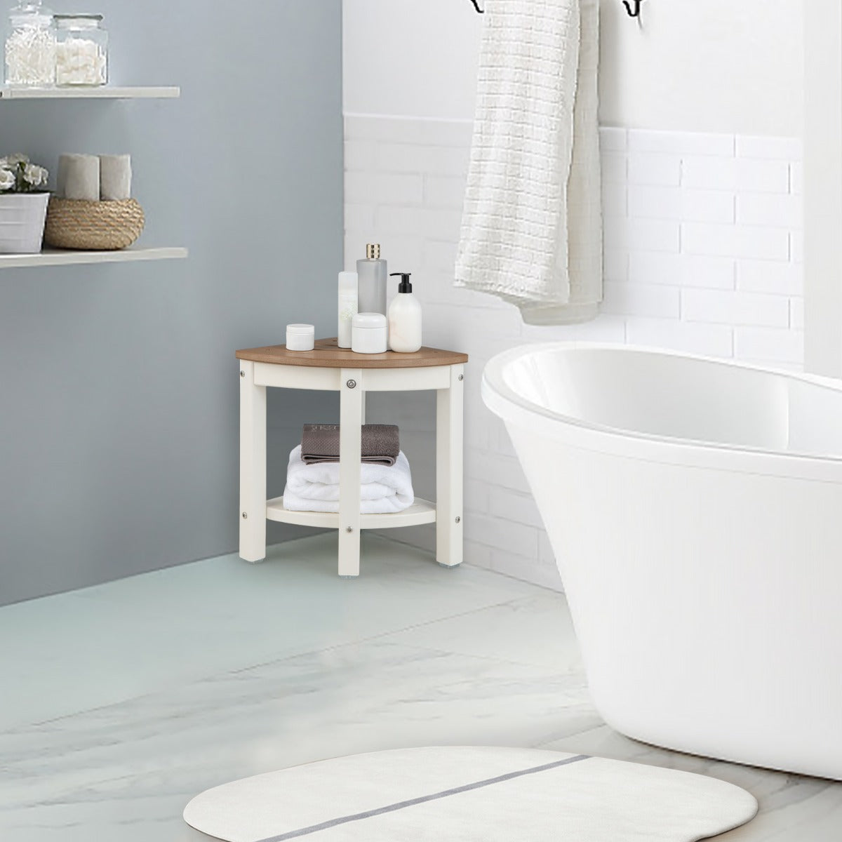 Corner Shower Bench Stool with Storage Shelf for Indoor/Outdoor Use