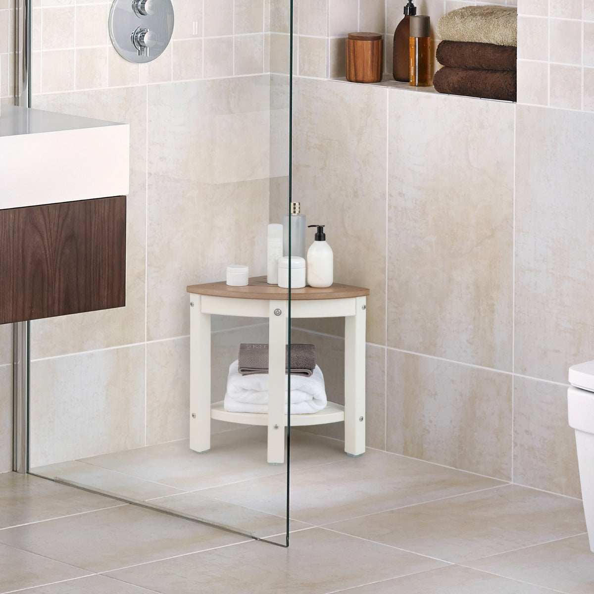 Corner Shower Bench Stool with Storage Shelf for Indoor/Outdoor Use