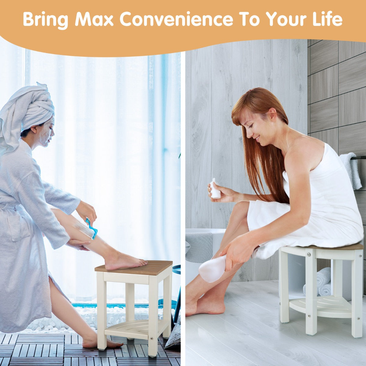 Corner Shower Bench Stool with Storage Shelf for Indoor/Outdoor Use