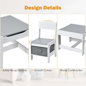 Kids Table & Chairs Set, 3-in-1 Wooden Toddler Activity Table with Storage, Reversible Tabletop & Blackboard for Art Craft, Drawing, Playroom