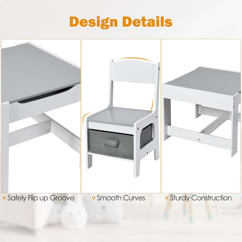 Kids Table & Chairs Set, 3-in-1 Wooden Toddler Activity Table with Storage, Reversible Tabletop & Blackboard for Art Craft, Drawing, Playroom