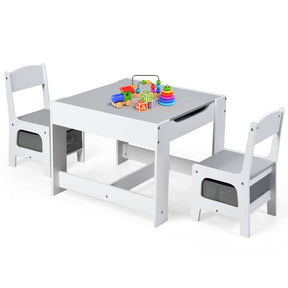 Kids Table & Chairs Set, 3-in-1 Wooden Toddler Activity Table with Storage, Reversible Tabletop & Blackboard for Art Craft, Drawing, Playroom