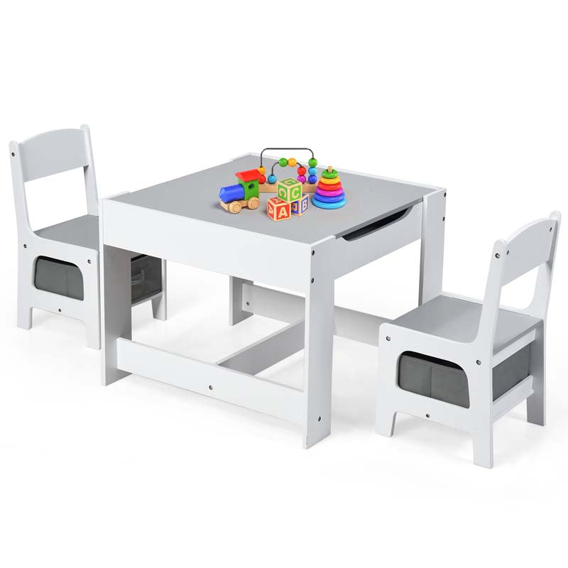 Kids Table & Chairs Set, 3-in-1 Wooden Toddler Activity Table with Storage, Reversible Tabletop & Blackboard for Art Craft, Drawing, Playroom
