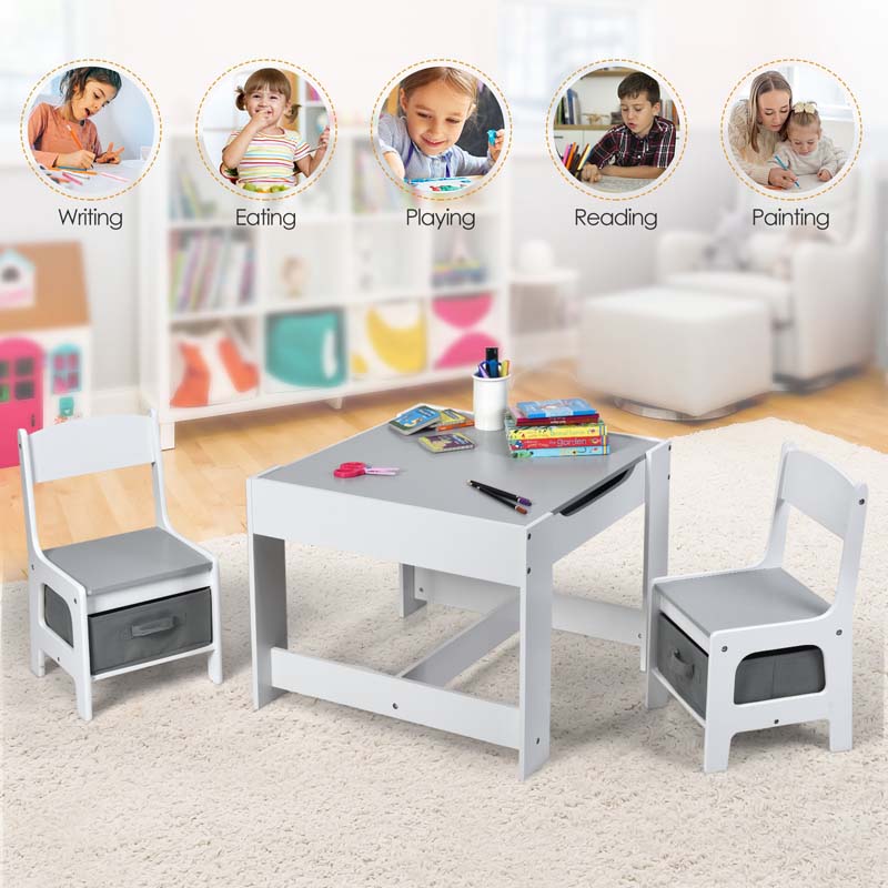 Kids Table & Chairs Set, 3-in-1 Wooden Toddler Activity Table with Storage, Reversible Tabletop & Blackboard for Art Craft, Drawing, Playroom