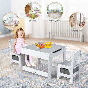 Kids Table & Chairs Set, 3-in-1 Wooden Toddler Activity Table with Storage, Reversible Tabletop & Blackboard for Art Craft, Drawing, Playroom
