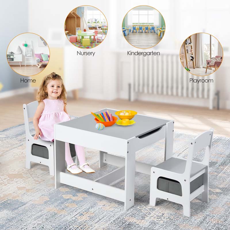 Kids Table & Chairs Set, 3-in-1 Wooden Toddler Activity Table with Storage, Reversible Tabletop & Blackboard for Art Craft, Drawing, Playroom