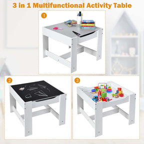 Kids Table & Chairs Set, 3-in-1 Wooden Toddler Activity Table with Storage, Reversible Tabletop & Blackboard for Art Craft, Drawing, Playroom