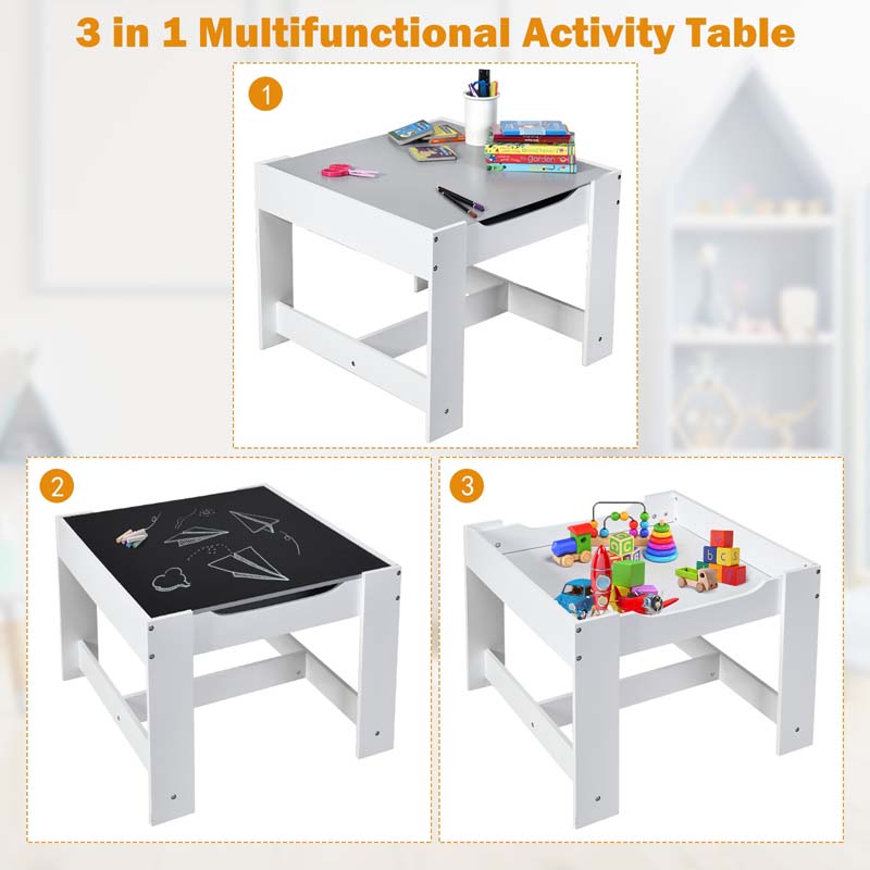 Kids Table & Chairs Set, 3-in-1 Wooden Toddler Activity Table with Storage, Reversible Tabletop & Blackboard for Art Craft, Drawing, Playroom
