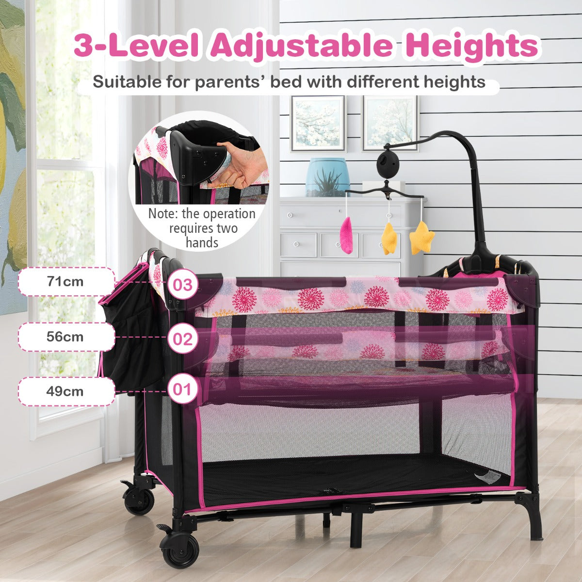 Hikidspace Bedside Baby Crib with Adjustable Height for Newborn Infant