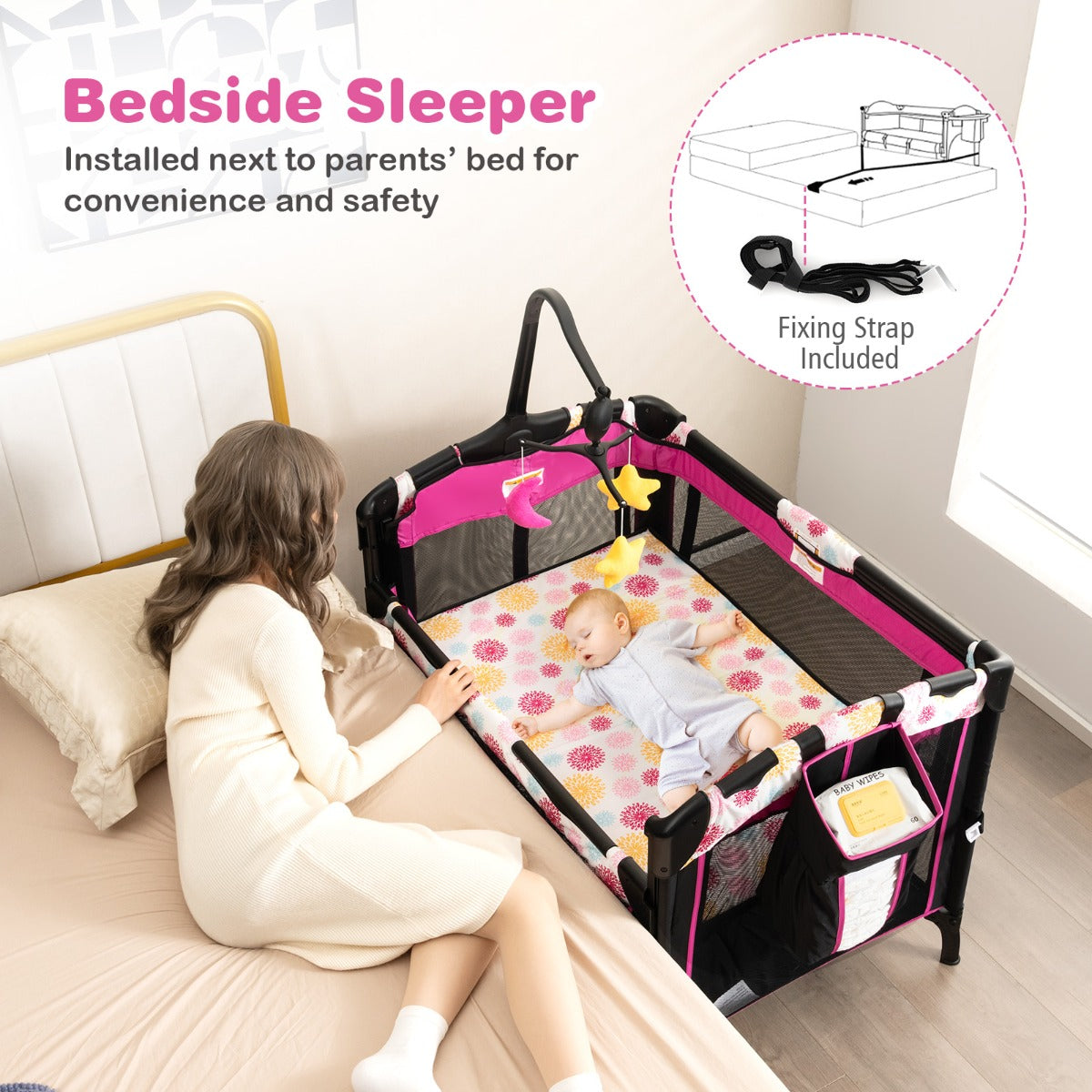 Hikidspace Bedside Baby Crib with Adjustable Height for Newborn Infant