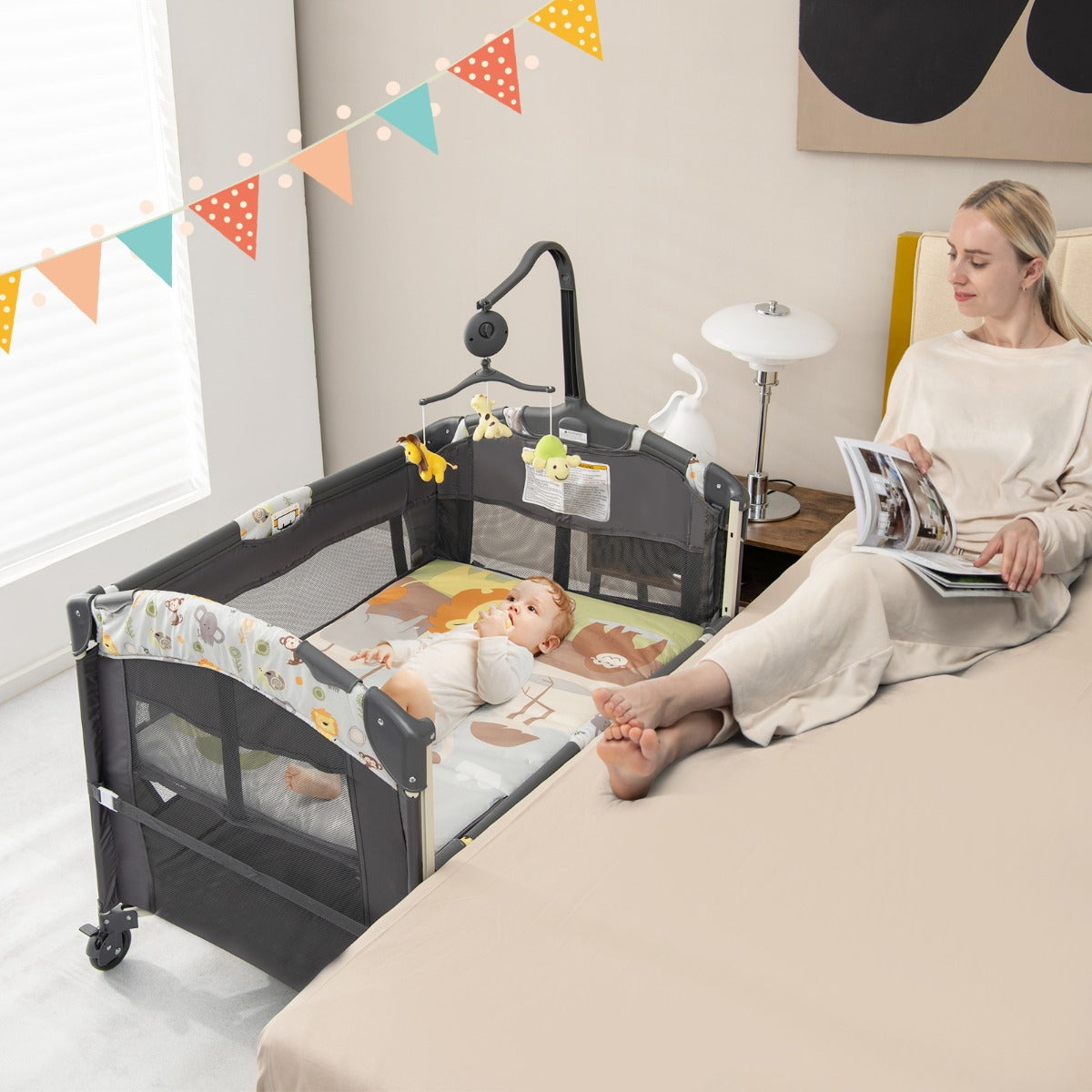 Hikidspace Bedside Baby Crib with Adjustable Height for Newborn Infant