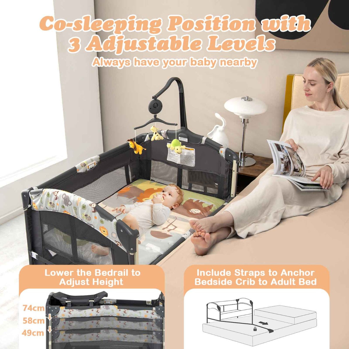 Hikidspace Bedside Baby Crib with Adjustable Height for Newborn Infant
