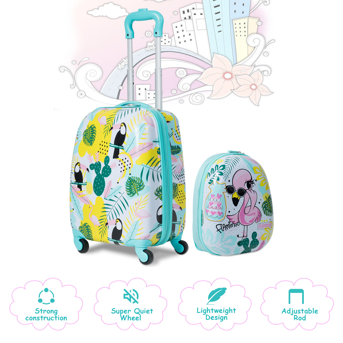 2 Pieces Carry On Luggage Set with Flamingo Pattern for Kids