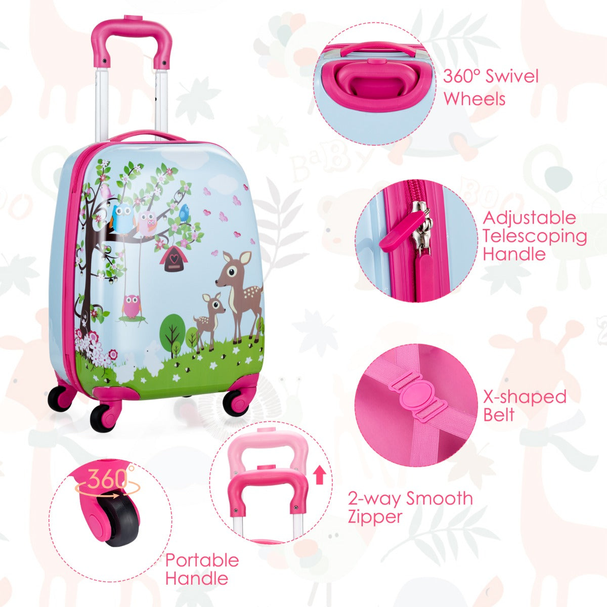 2 Pieces Kids Luggage Set with 4 Casters & Retractable Handle