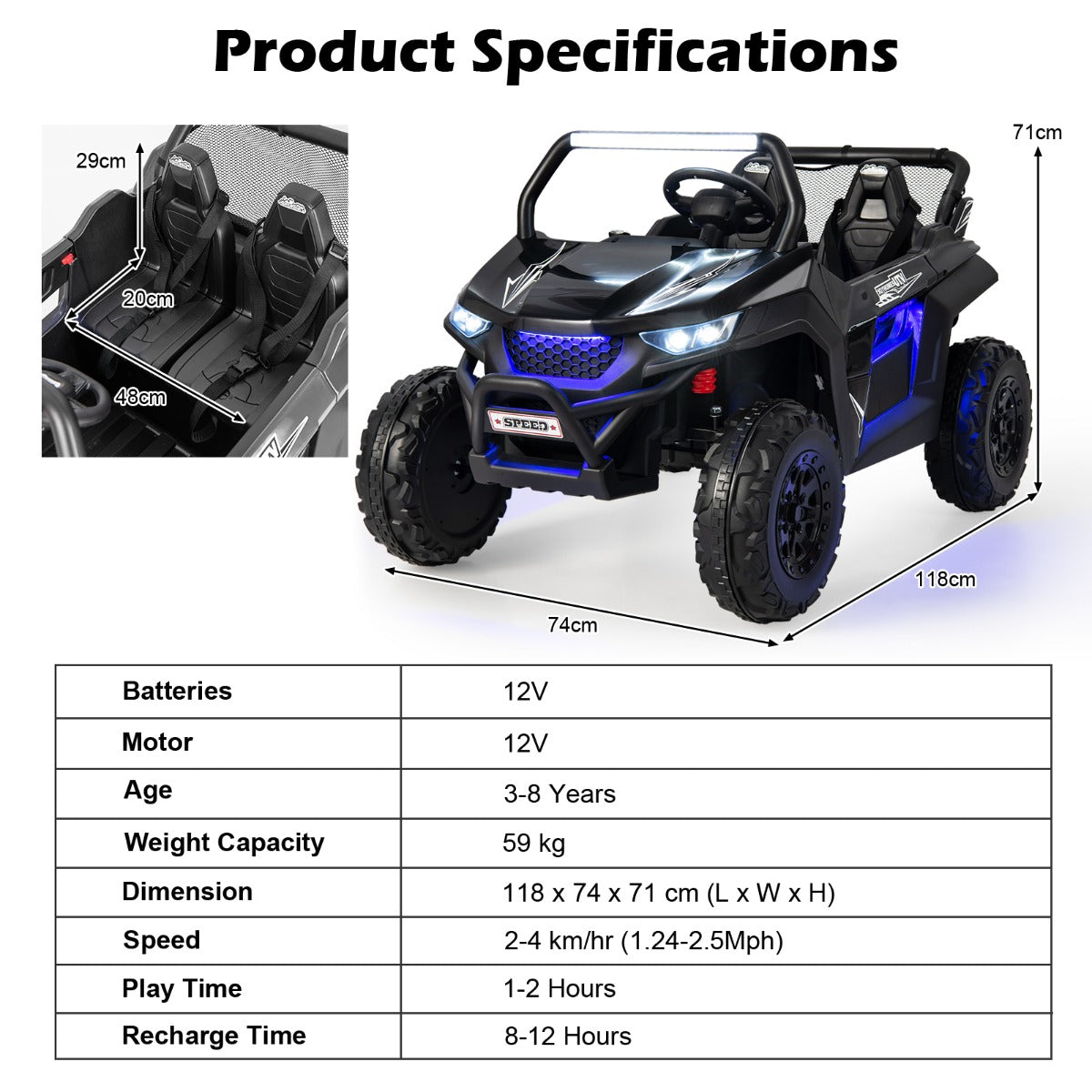 12V 2-Seater Kids Ride On Car with Light Music & Electric Remote Control