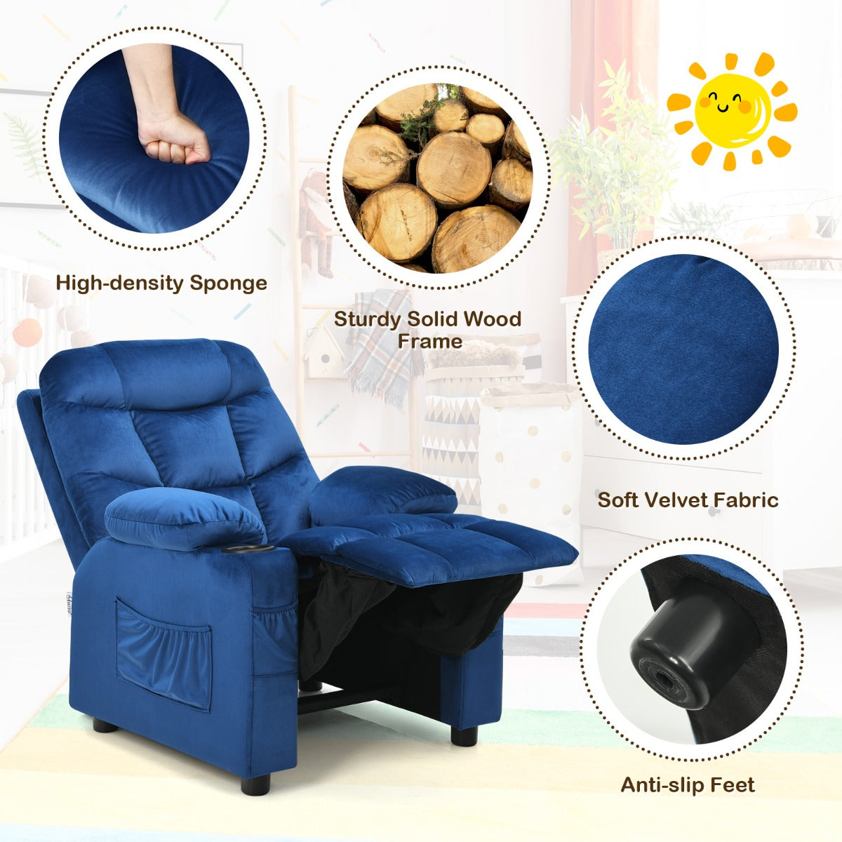 Kids Youth Recliner Chair with Cup Holders and Side Pockets for Boys Girls 3+ Age Group