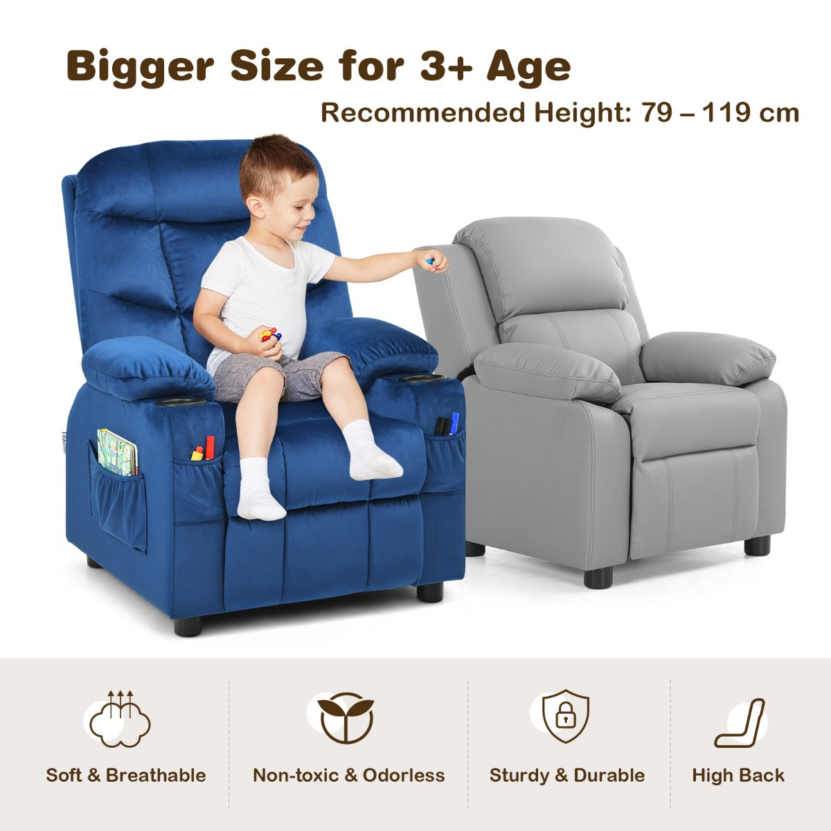 Kids Youth Recliner Chair with Cup Holders and Side Pockets for Boys Girls 3+ Age Group