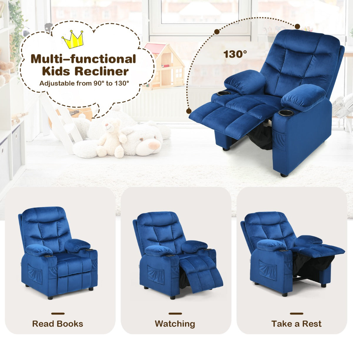 Kids Youth Recliner Chair with Cup Holders and Side Pockets for Boys Girls 3+ Age Group