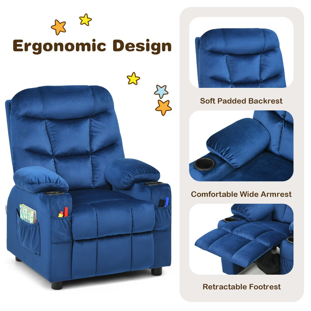Kids Youth Recliner Chair with Cup Holders and Side Pockets for Boys Girls 3+ Age Group