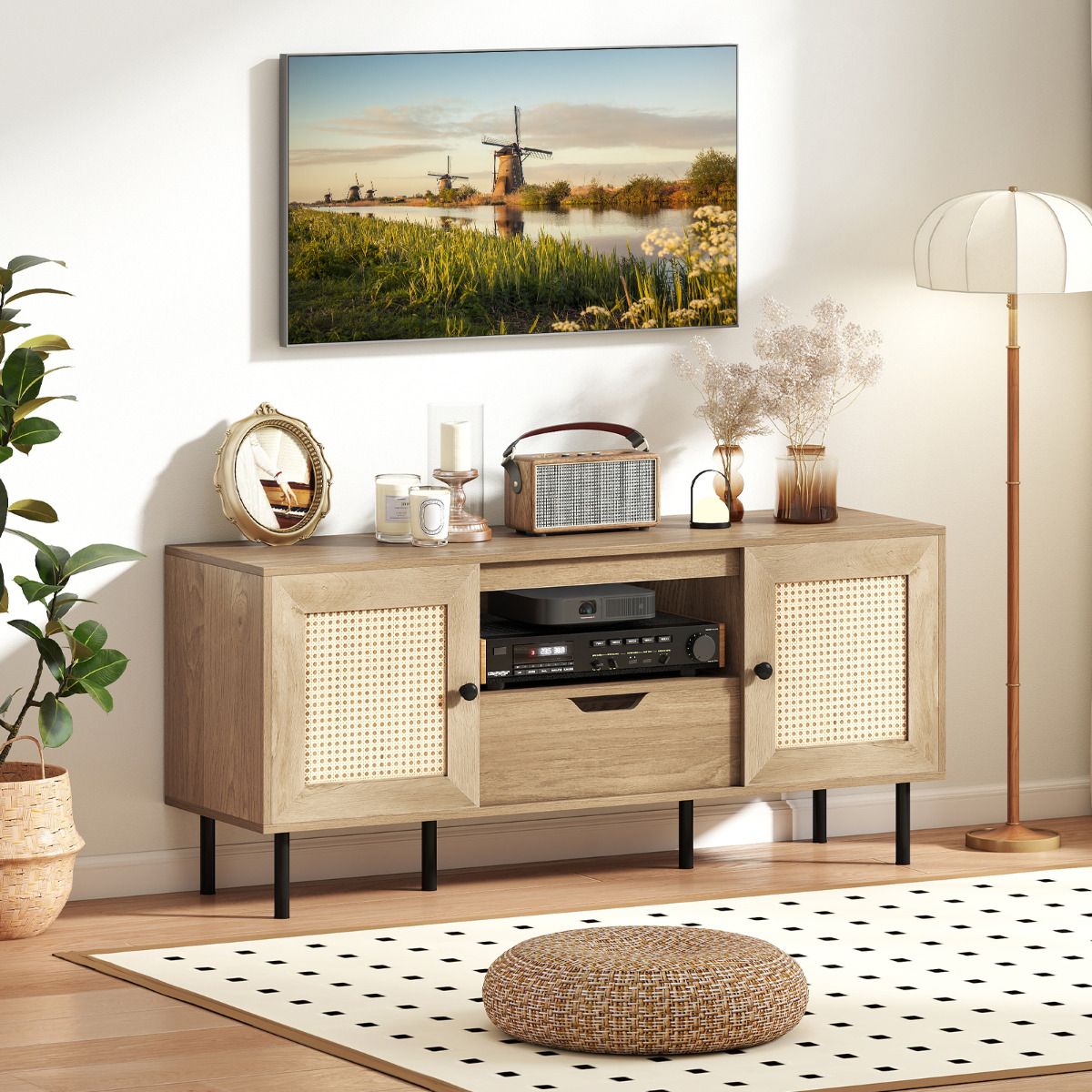Boho TV Stand for 60 Inch TV Entertainment Center with Cabinets