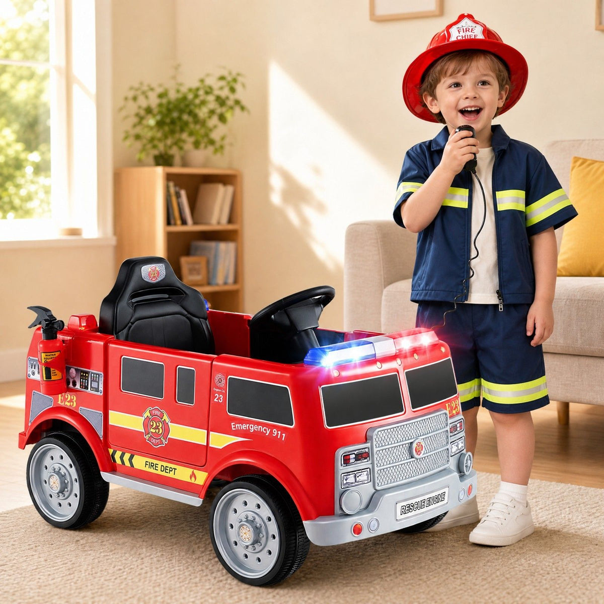 Kids Ride on Fire Truck, 12V Battery Powered Fire Car with Remote Control, Extinguisher, Shovel, Loudspeaker, Music, Sirens, Lights & Wireless Connection, Electric Vehicle for Children 3-8 Years Old