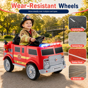 Kids Ride on Fire Truck, 12V Battery Powered Fire Car with Remote Control, Extinguisher, Shovel, Loudspeaker, Music, Sirens, Lights & Wireless Connection, Electric Vehicle for Children 3-8 Years Old