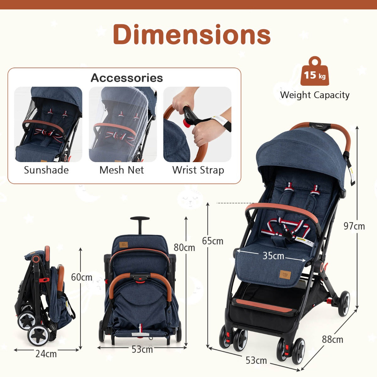 Canopy Stroller with Adjustable 95°- 175° Backrest for Baby