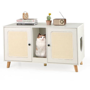 Cat Litter Box Enclosure for 2 Cats with Double Rooms and 2 Sisal Scratching Mats