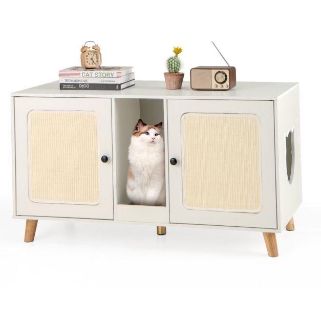 Cat Litter Box Enclosure for 2 Cats with Double Rooms and 2 Sisal Scratching Mats