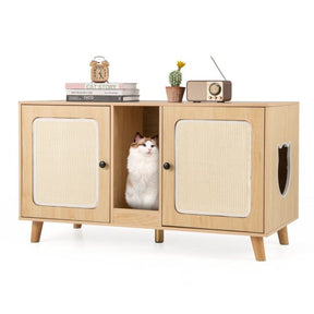 Cat Litter Box Enclosure for 2 Cats with Double Rooms and 2 Sisal Scratching Mats