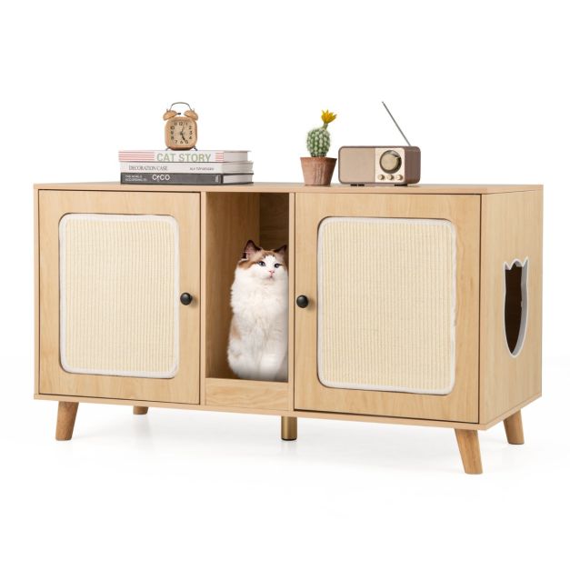Cat Litter Box Enclosure for 2 Cats with Double Rooms and 2 Sisal Scratching Mats