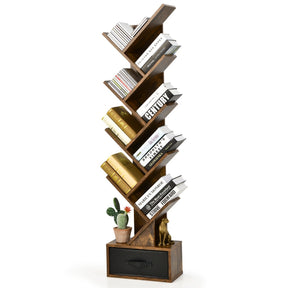 10-Tier Tree Bookcase with Drawer for Storage