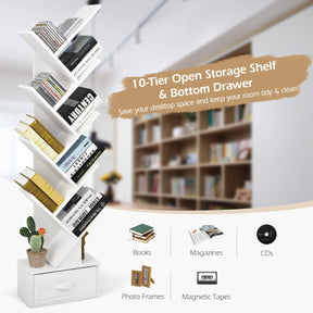 10-Tier Tree Bookcase with Drawer for Storage