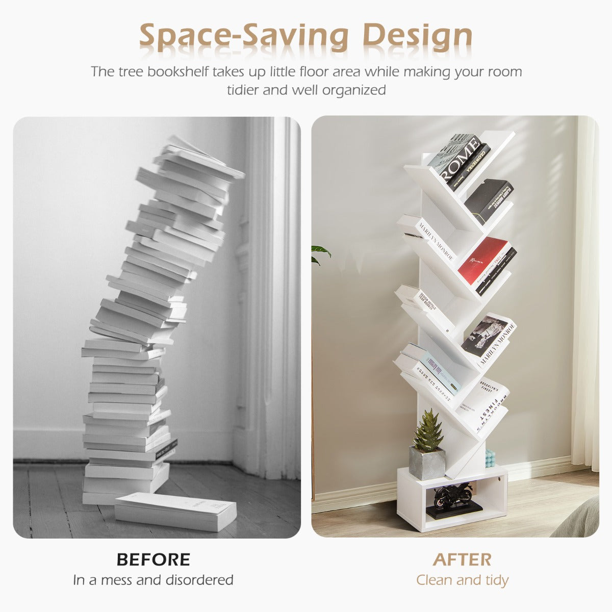 10-Tier Tree Bookcase with Drawer for Storage