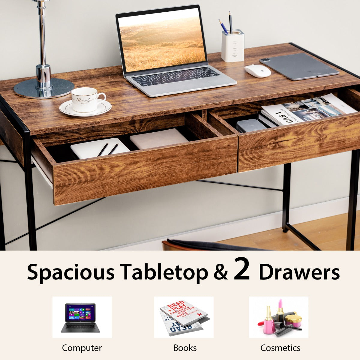 Computer Desk with with Heavy-duty Steel Frame for Home Office