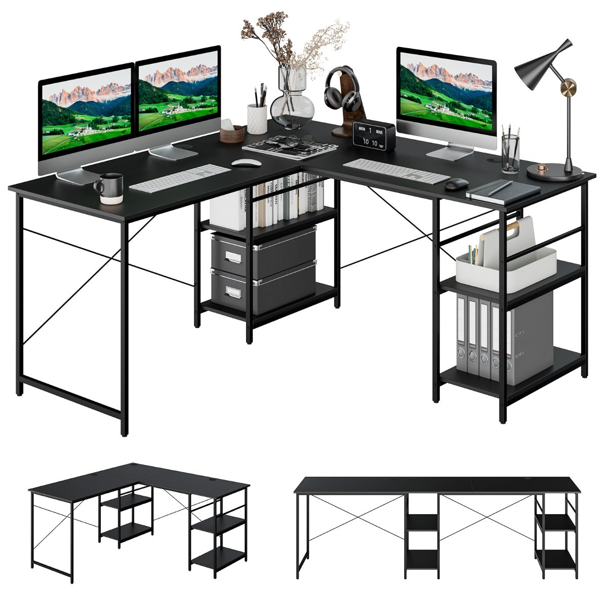 151CM Convertible L-shaped Computer Desk with 4 Storage Shelves for Home Office