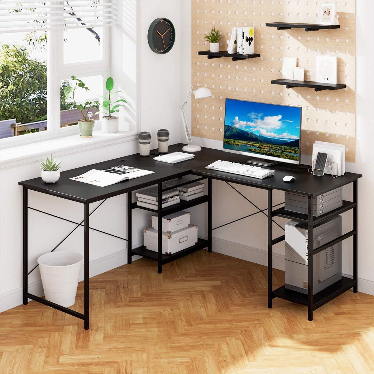 151CM Convertible L-shaped Computer Desk with 4 Storage Shelves for Home Office