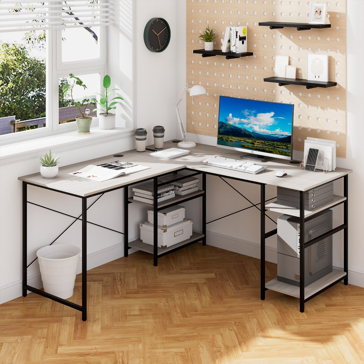 151CM Convertible L-shaped Computer Desk with 4 Storage Shelves for Home Office