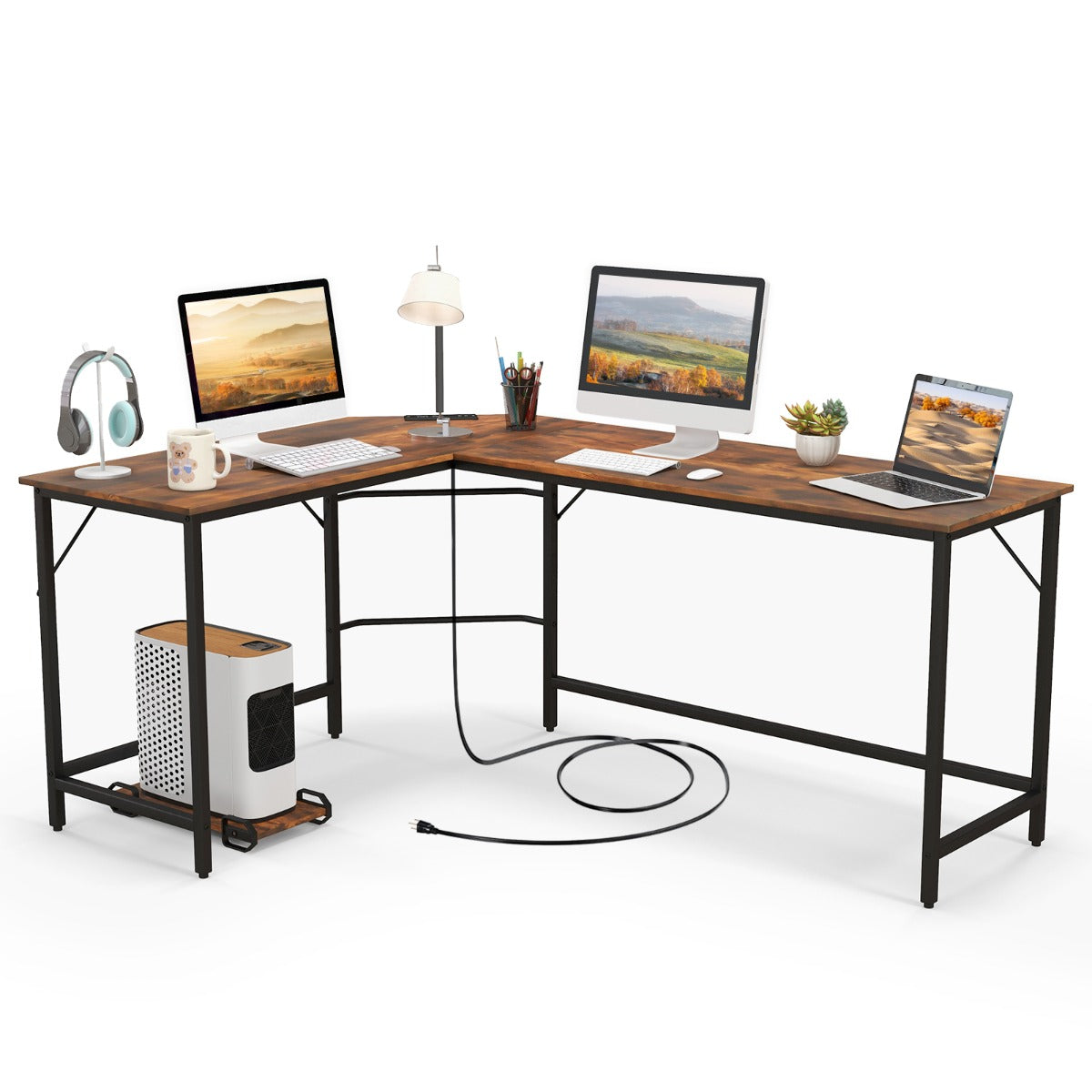 L-Shaped Desk with CPU Stand & Heavy-duty Metal Frame
