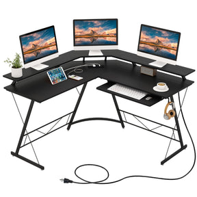 L-shaped Computer Desk with Power Outlet for Home Office