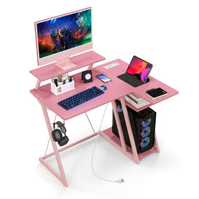 L Shaped Gaming Desk with Outlets & USB Ports Monitor Shelf Headphone Hook