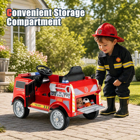 Kids Ride on Fire Truck, 12V Battery Powered Fire Car with Remote Control, Extinguisher, Shovel, Loudspeaker, Music, Sirens, Lights & Wireless Connection, Electric Vehicle for Children 3-8 Years Old