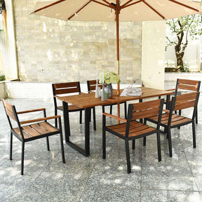 7 Pieces Outdoor Patio Acacia Wood Dining Table Set with Umbrella Hole