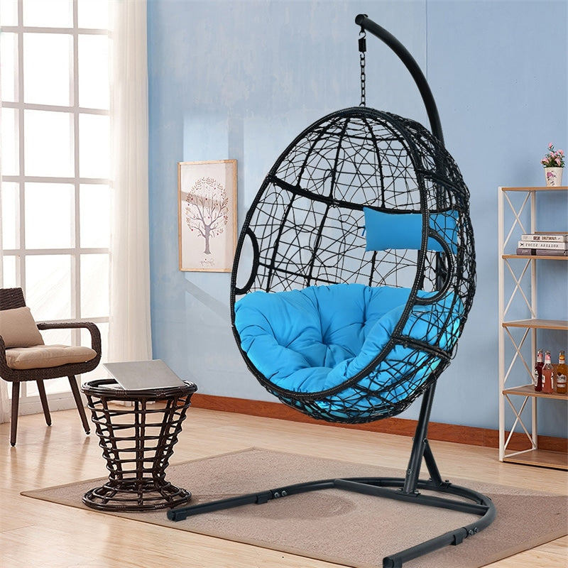 Outdoor Hanging Egg Chair Patio Swing Chair with C Hammock Stand and Soft Cushion