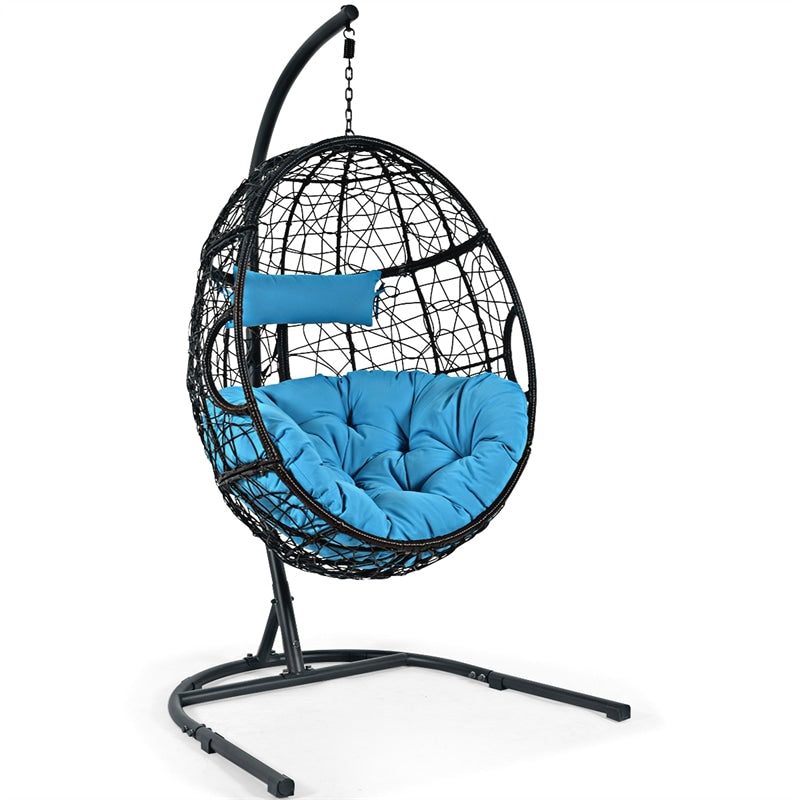 Outdoor Hanging Egg Chair Patio Swing Chair with C Hammock Stand and Soft Cushion
