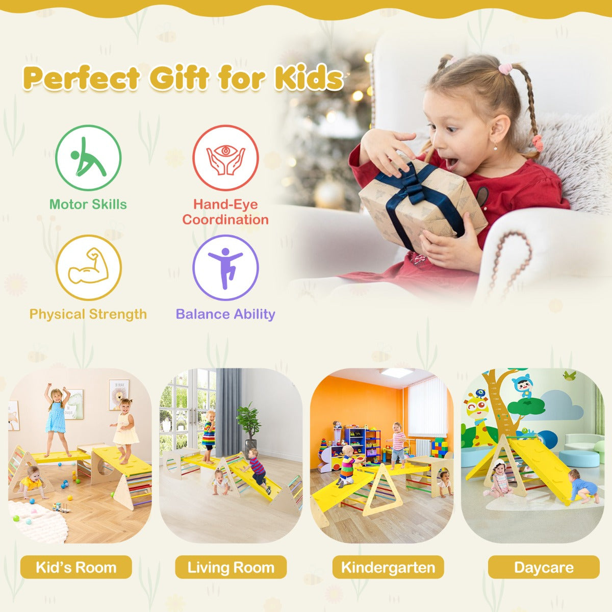 5-in-1 Montessori Climbing Triangle and Cube  with Slide Board for Kids