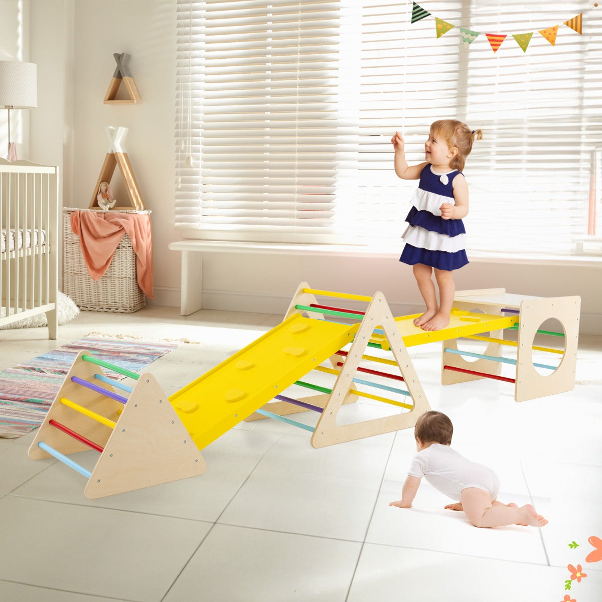 5-in-1 Montessori Climbing Triangle and Cube  with Slide Board for Kids