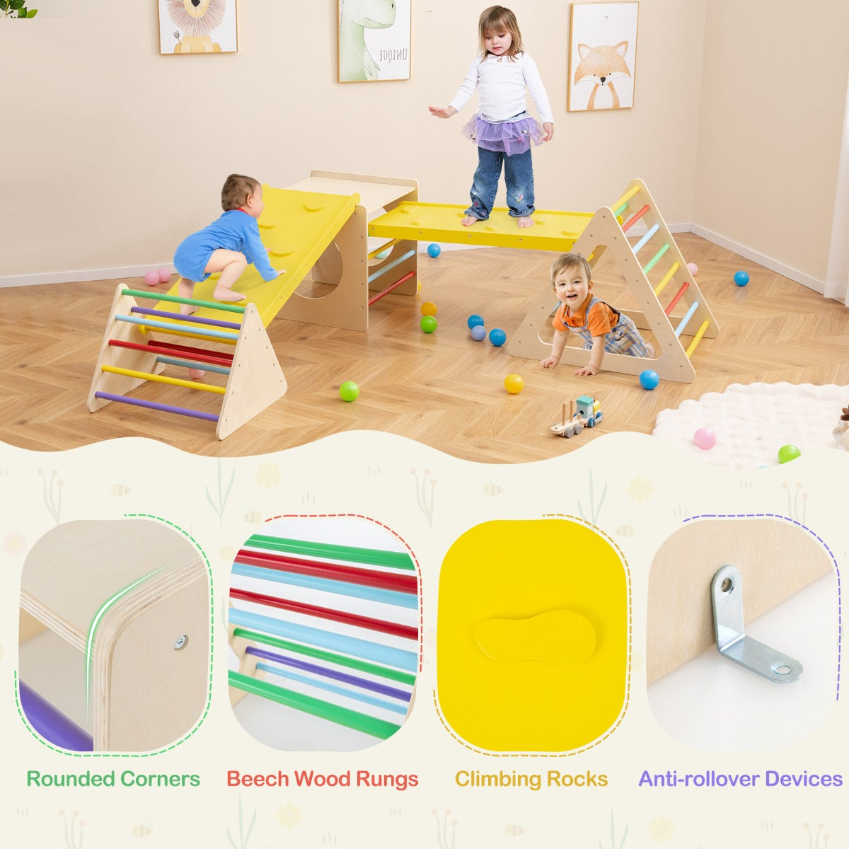 5-in-1 Montessori Climbing Triangle and Cube  with Slide Board for Kids
