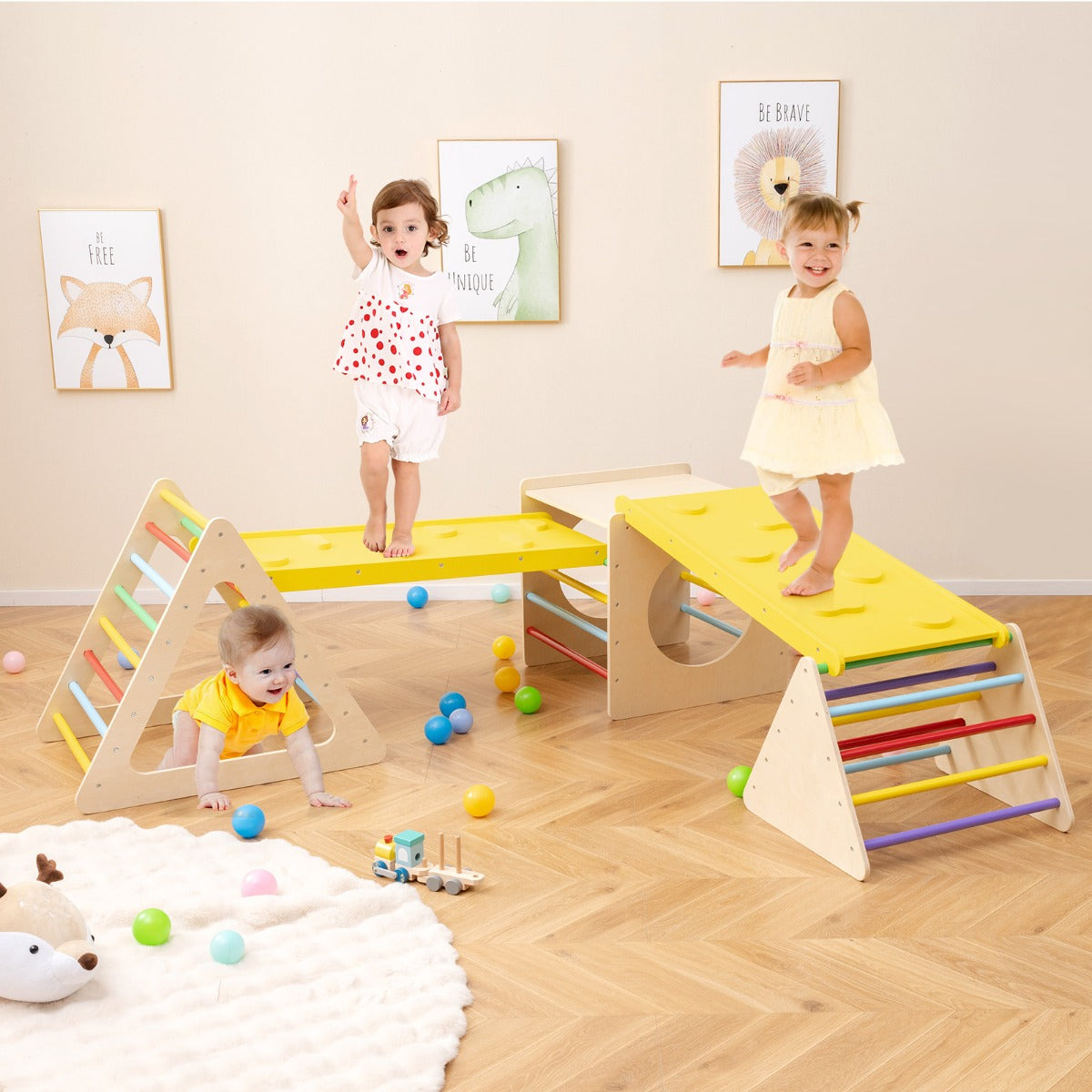 5-in-1 Montessori Climbing Triangle and Cube  with Slide Board for Kids
