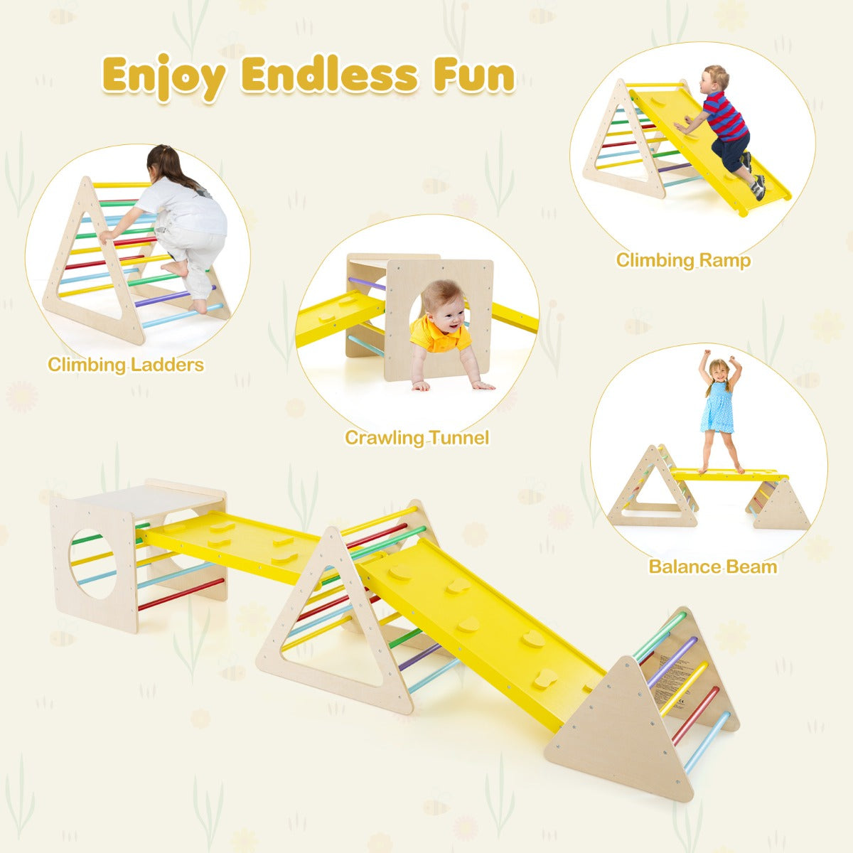 5-in-1 Montessori Climbing Triangle and Cube  with Slide Board for Kids
